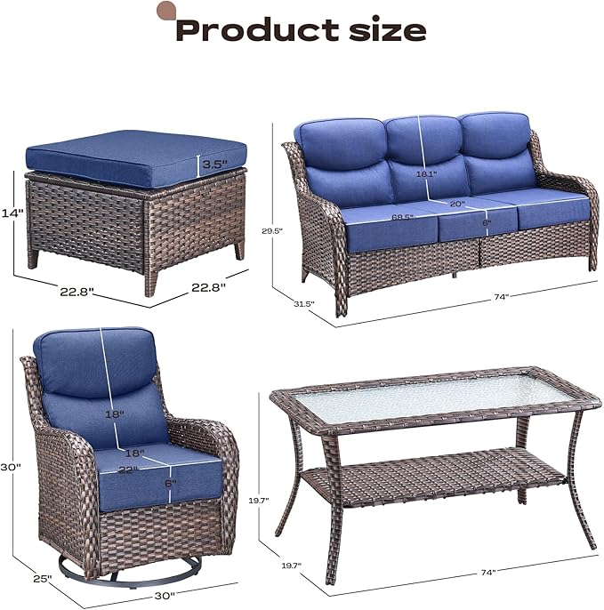 Rilyson Wicker Outdoor Patio Furniture Set - 6 Piece Patio Conversation Sets with Swivel Rocker Chairs, Ottomans, Sofa and Table, 6 inch Cushions, Deep Seating, for Porch Deck Brown/Blue