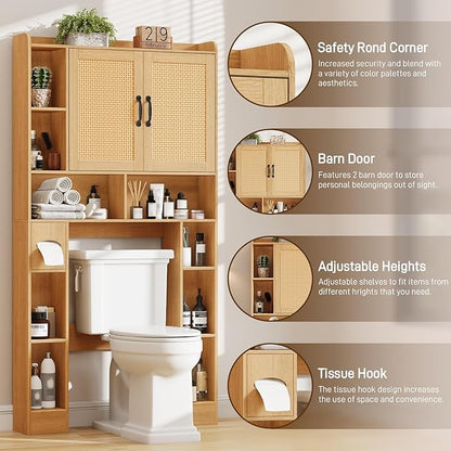 Vabches Farmhouse Style Rattan Over-The-Toilet Storage Cabinet with 2 Rattan Doors, Toilet Paper Holder - Space-Saving Oak Bathroom Organizer.
