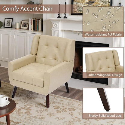 Faux Leather Accent Chairs Set of 2, Mid-Century Modern Upholstered Armchair, Comfy Living Room Chairs Reading Chairs with Button Tufted Back & Solid Wood Legs for Bedroom, Office, Cream
