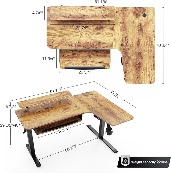 EUREKA ERGONOMIC Standing Desk with Keyboard Tray, Computer Desk, 61" L Shaped Electric Adjustable Height Desk w Monitor Stand LED, Corner Sit Stand Desk Gaming Desk, Dual Motor,Right/Rustic Brown