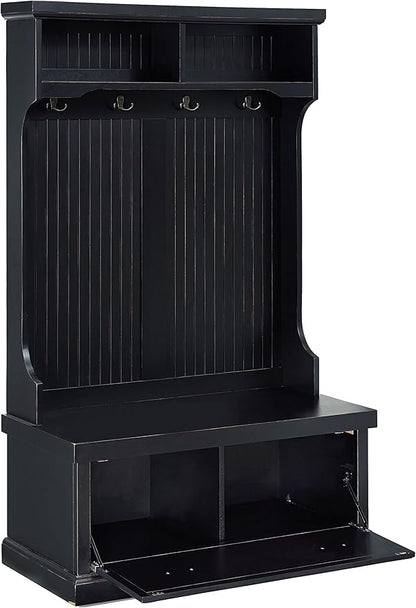 Crosley Furniture Seaside Hall Tree with Shoe Rack Bench and Coat Hooks for Hanging Storage, Distressed Black