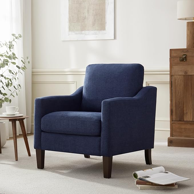 VKNOW Mid Century Modern Accent Chairs Set of 2, Upholstered Living Room Chairs Armchair for Bedroom, Comfy Reading Accent Chairs with Wood Legs for Living Room, Navy Blue