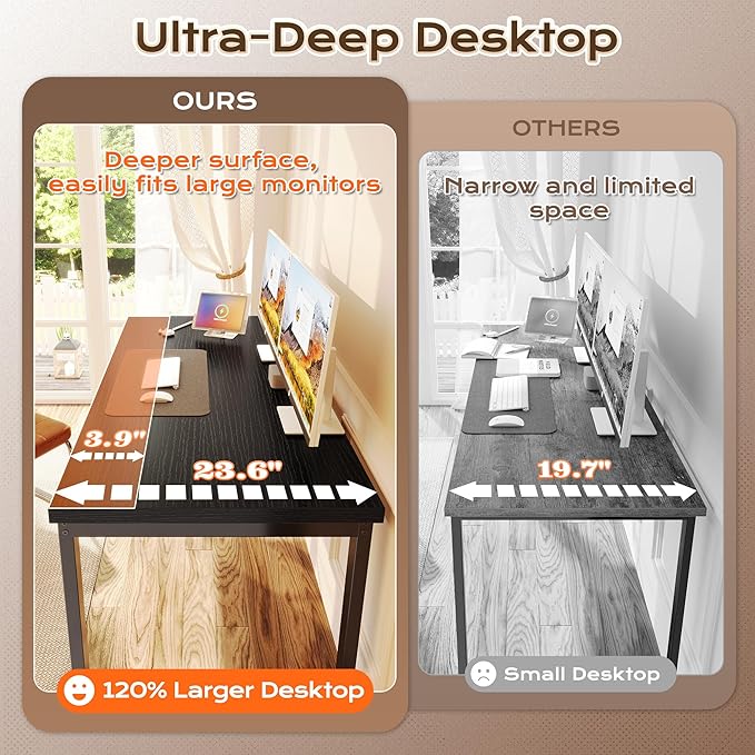 Huuger 55 x 24 inch Desk with Power Outlets & USB-C, Deeper & Thicker Desktop, Robust Metal Tubes, Computer Desk, Heavy Duty Office Desk, Work Gaming Desk for Home Office, Black