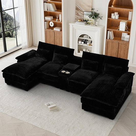 HYJT-H&K 124" U Shaped Cloud Couch Sectional, Comfy Fluffy Plush Corduroy Dark Black Sectional Couches for Living Room, Modern Modular Corduroy Couch Sectionals with Central Console & Double Chaise