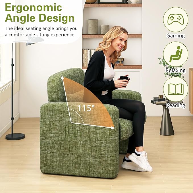 LSSPAID Modern Accent Chairs, Chenille Fabric Armchairs for Living Room, Comfy Upholstered Leisure Single Sofa Chair with Lumbar Pillow for Bedroom, Balcony, Office (Green, Set of 2)