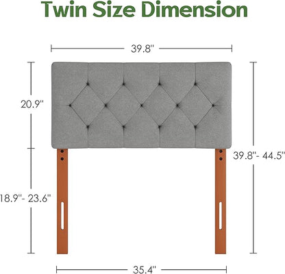 Upholstered Twin Headboard, Twin Headboard Only for Bed Frame from 27”-41”, Adjustable Height Twin XL Headboard with Durable Wood Legs, Fabric Bed Headboard in Modern Button Design, Light Grey