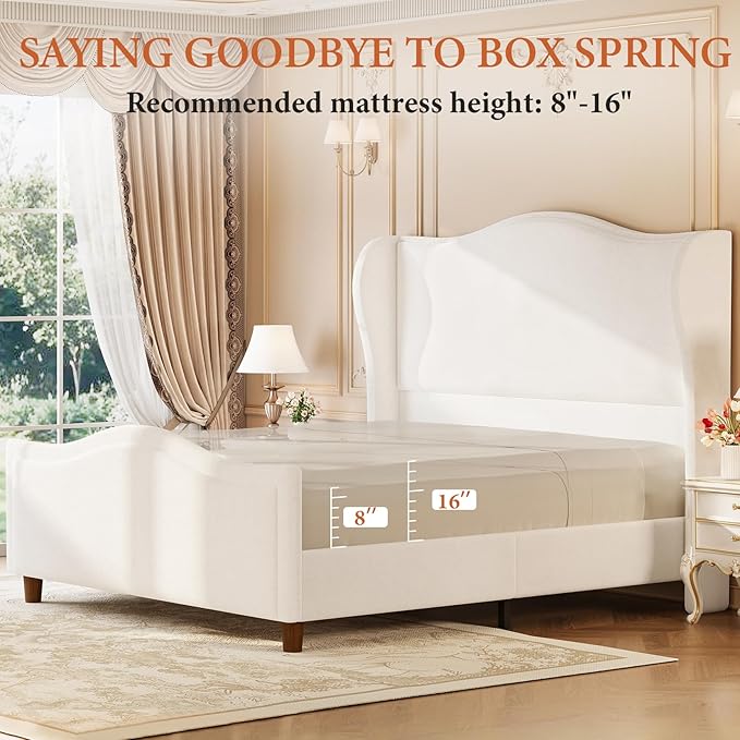 koorlian King Size Bed Frame Chenille Upholstered Platform Bed with 51" Tall Headboard and High Deep Tufted Footboard, Modern Retro Minimalist Style Wingback Sleigh Bed, Easy Assembly, Cream