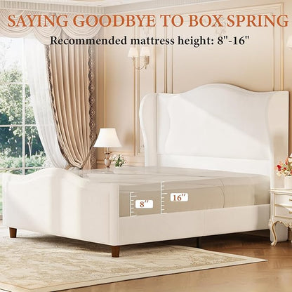 koorlian King Size Bed Frame Chenille Upholstered Platform Bed with 51" Tall Headboard and High Deep Tufted Footboard, Modern Retro Minimalist Style Wingback Sleigh Bed, Easy Assembly, Cream