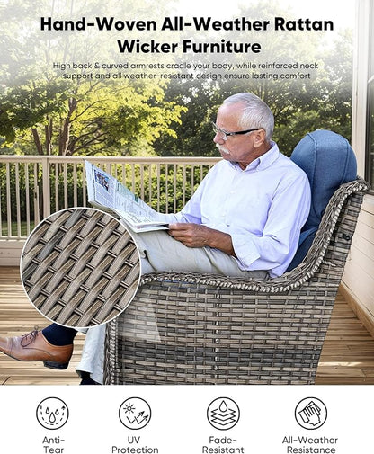 7-Piece Outdoor Wicker Patio Furniture Set with Swivel Glider Chairs,Loveseat, Coffee Table & Ottomans 5” Olefin Cushions Ergonomic Neck-Lumbar Backrest All-Weather Rattan for Garden, Deck, Porch