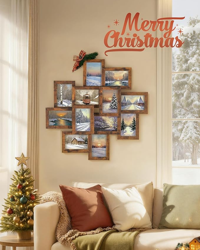 SONGMICS 4x6 Collage Picture Frames, 12-Pack Photo Collage Frame for Wall Decor, Glass Front, Assembly Required, Christmas Gift, Rustic Brown URPF022X01