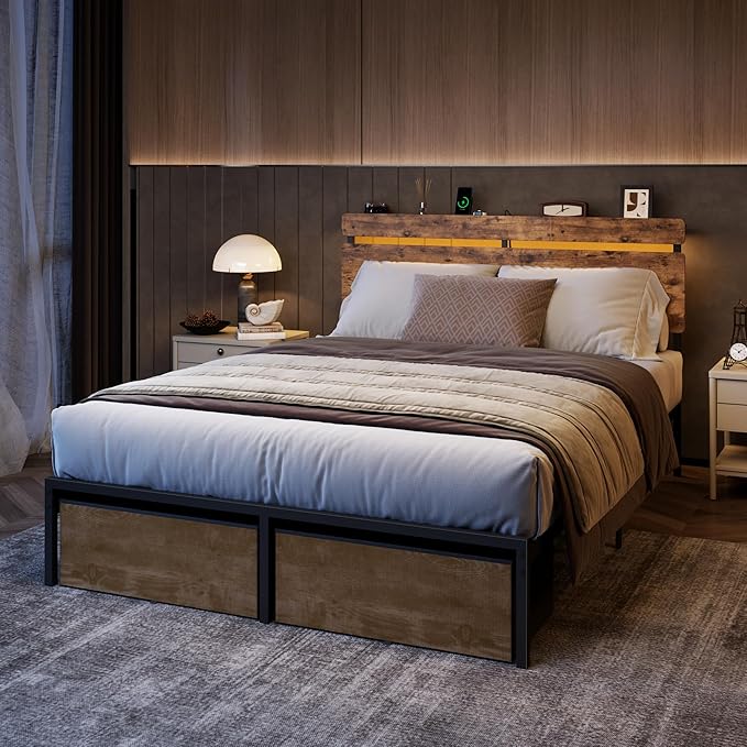 Forestell Full Size Bed Frame with Wood Headboard, Metal Platform Bed with 2 Storage Drawers & Shelf, Built in Charging Station & LED Lights, No Box Spring Needed, Vintage Brown, Camas Full