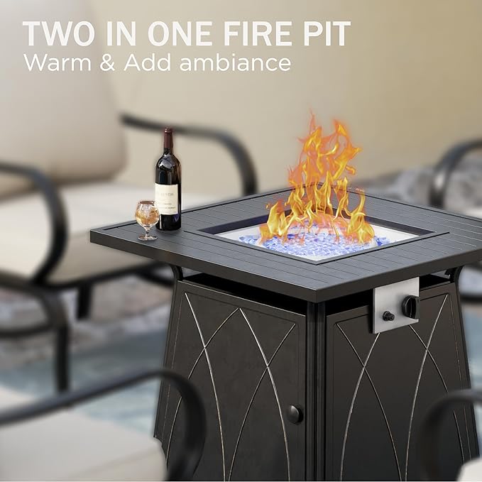 PHI VILLA 5 Piece Patio Furniture Set with 28" Firepit Table, 4 Outdoor 5.75" Cushioned Metal Frame C-Base Sofa Chairs & 28" Gas Firepit Table, Outside Furniture Set for Lawn Garden
