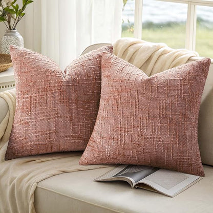 decorUhome Pink Chenille Throw Pillow Covers 16x16 Set of 2 Thick Textured Slubby Couch Pillow Covers Farmhouse Accent Modern Neutral Decorative Pillow Cases for Bed Sofa Living Room