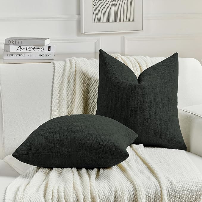 FUTEI Black Chenille Decorative Throw Pillow Covers 26x26 Inch Set of 2,Soft Cozy Faux Linen Textured Euro Pillow Shams,Farmhouse Home Decor for Couch Living Room