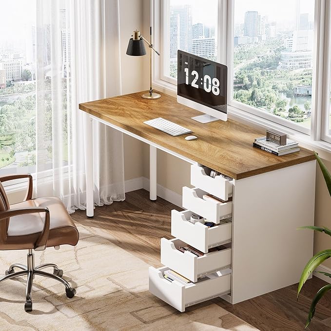 Tribesigns Modern Simple Computer Desk, 47 Inches PC Desk with 5 Reversible Drawers, Rustic Brown Study Writing Table Workstation for Home Office Small Spaces (Walnut+White)