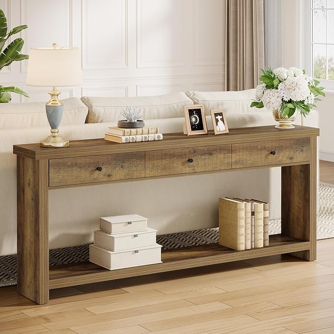Tribesigns 70.9-Inch Extra Long Entryway Table with 3 Drawers, Sofa Console Table with Open Storage Shelves, Wooden Couch Foyer Tables for Living Room Hallway Entrance