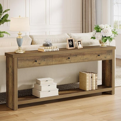 Tribesigns 70.9-Inch Extra Long Entryway Table with 3 Drawers, Sofa Console Table with Open Storage Shelves, Wooden Couch Foyer Tables for Living Room Hallway Entrance