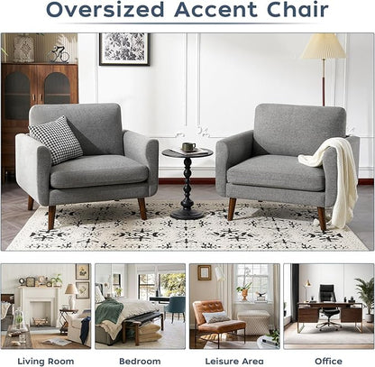 ELUCHANG Accent Chairs Set of 2, Oversized Mid Century Modern Arm Chair, Soft Linen Fabric Sofa Chairs Upholstered Comfy Chair for Living Room Bedroom Apartment (Grey)