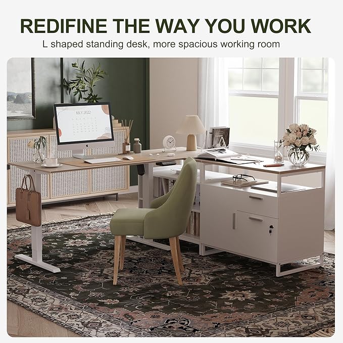 BANTI Executive L Shaped Standing Desk, 66 Inch with 2-Drawer File Cabinet, Electric Height Adjustable Stand up Desk, Home Office Computer Desk with Shelves, Light Walnut Top