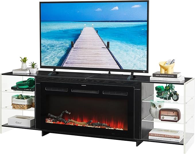 VECELO Fireplace TV Stand for Televisions up to 75" with 3D Flame/13 Colors, Modern Media Entertainment Center Console Table with LED Lights, 3 Tier Transparent Storage Shelves, for Living Room, Black