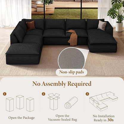 Vesgantti 141.7" U Shaped Sectional Boneless Couch, Modern 6 Seater Modular Sofa with Chaise & Ottoman, Deep Seat Plush Corduroy Cloud Couches for Living Room, No Assembly Required, Black