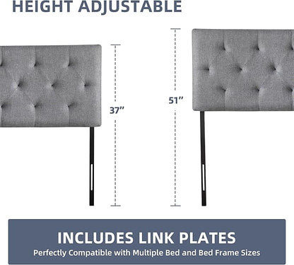 Linen Upholstered Headboard Twin Size, Diamond Tufting Solid Wood Twin XL Headboard Only, Adjustable Height from 37” to 51” Head Board, Dorm Bed Frame or Wall Mount Headboards, Light Grey