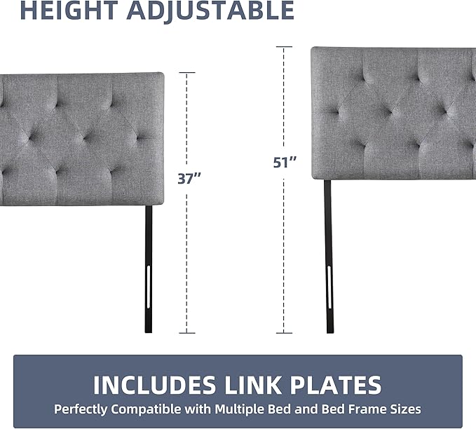 Linen Upholstered Headboard Full Size, Modern Diamond Tufting Solid Wood Full XL Headboard Only, Adjustable Height from 37” to 51” Head Board, Bed Frame or Wall Mount Headboards, Light Grey