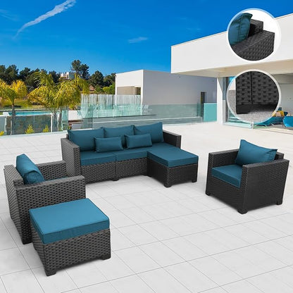 Rattaner Patio Furniture Set 5-Piece Outdoor Furniture Sets Patio Couch Outdoor Chairs Patio Ottomans with Anti-Slip Cushions and Waterproof Covers, Peacock Blue