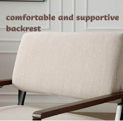 Mid Century Modern Accent Chair Arm Chairs, Comfy Armchair Linen Upholstered with Black Metal, Beige
