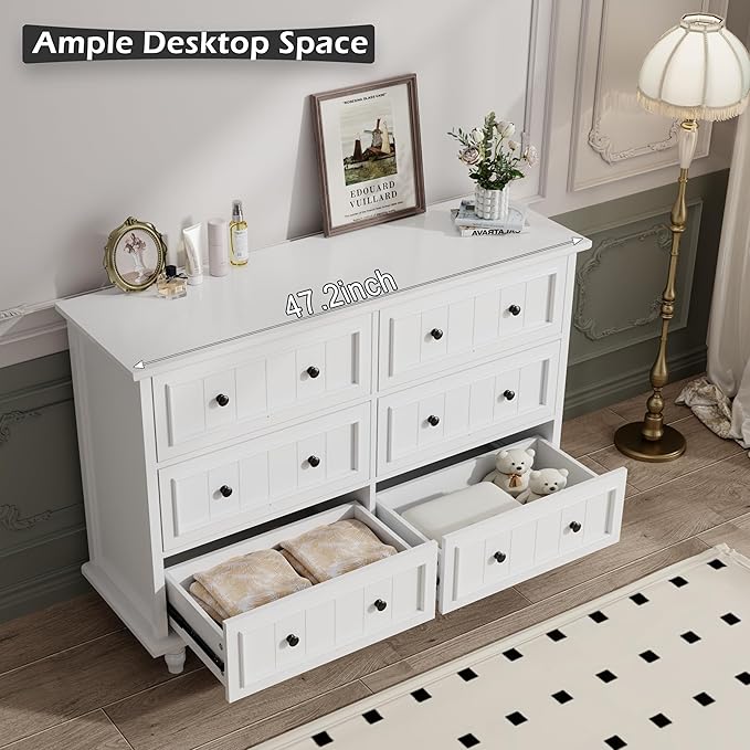 Scurrty Antique 6 Drawer Dresser, Modern Chest of Drawers, Large Cabinet with Storage, Big Dresser for Clothes in Living Room, Bedroom (White)