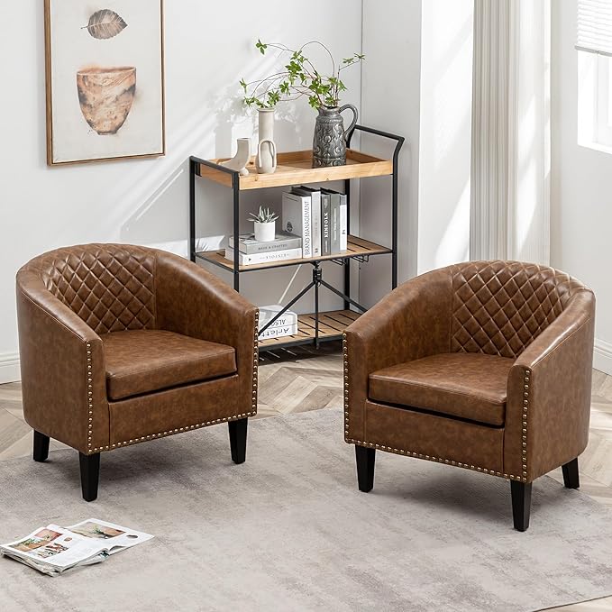 KINWELL 29" W Faux Leather Barrel Chairs Set of 2, Modern PU Upholstered Tufted Club Chairs with Nailhead Trim, Small Armchairs Accent Chairs for Living Room Bedroom Apartment Lounge Nursery, Coffee