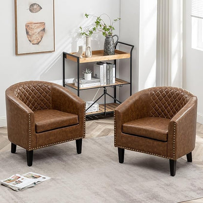 KINWELL 29" W Faux Leather Barrel Chairs Set of 2, Modern PU Upholstered Tufted Club Chairs with Nailhead Trim, Small Armchairs Accent Chairs for Living Room Bedroom Apartment Lounge Nursery, Coffee