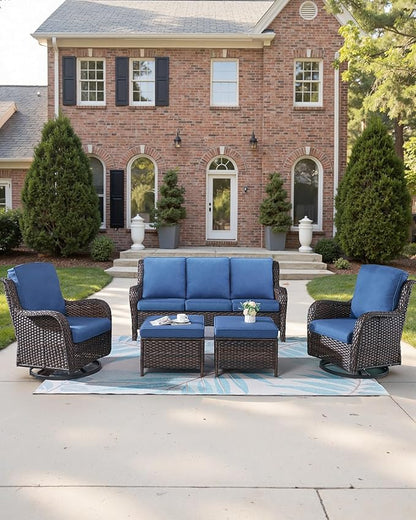 Pop 22x25/22x24 Outdoor Cushions for Patio Couch Chairs Set of 3 - High Back Comfy Outside Seat Cushions for Wicker Dining Rocker Glider Loveseat 3-Seater Sectional Sofa - Navy Blue/Classic