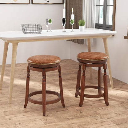 COSTWAY Round Swivel Wooden Bar Stools Set of 4, 24-inch Upholstered Backless PU Leather Farmhouse Counter Chairs with Footrest, Decorative Rivets for Kitchen Island, Dining Room, Walnut
