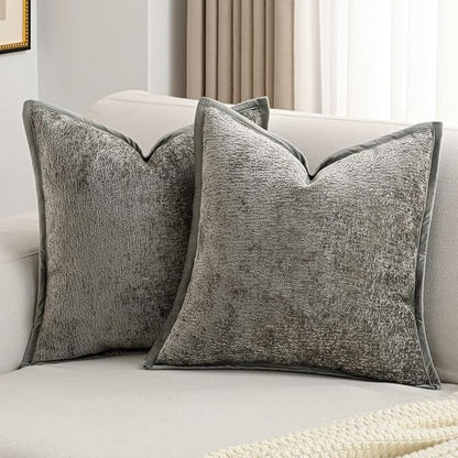 FUTEI Grey Chenille Throw Pillow Covers 18x18 Inch Set of 2,Soft Cozy Bound Edge Design Cushion Case,Home Decor for Couch Bed Living Room