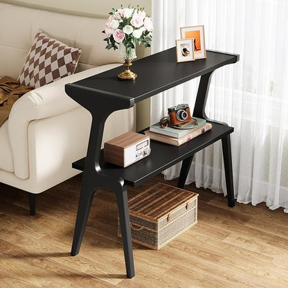 Tribesigns Set of 2 Wood End Table, Modern Narrow Sofa Side Table with Storage, 2-Tier Slim Wooden Bedside Table with Unique Legs for Bedroom, Living Room, Small Spaces, Easy Assembly, Black