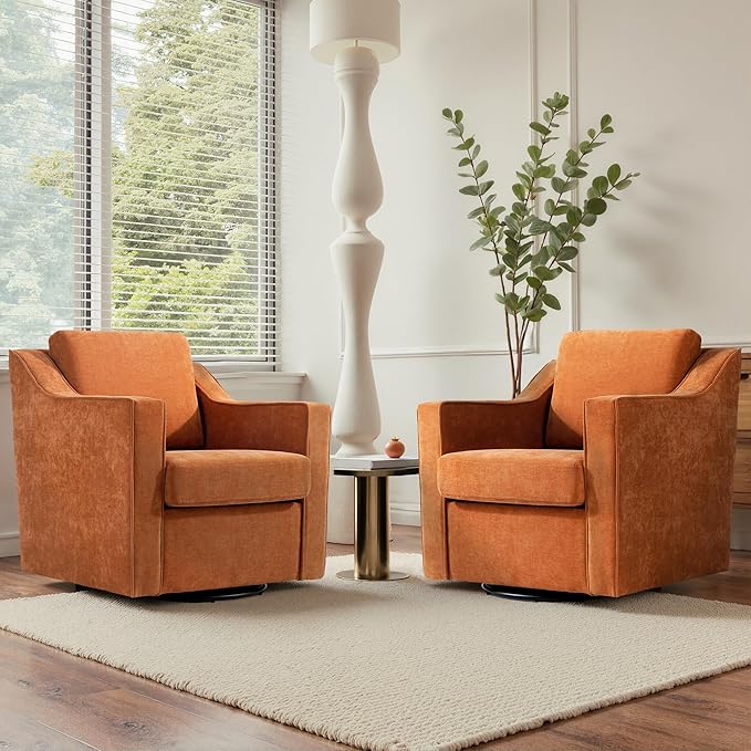 UIXE Swivel Accent Chairs Set of 2, Chenille Upholstered Arm Chair for Living Room, Modern Club Armchair Comfy Single Sofa Bedroom Reading Seat with Lumbar Pillow - Orange
