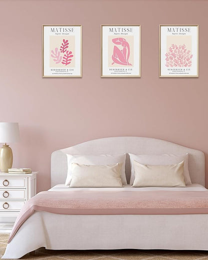 Framed Matisse Pink Canvas Wall Art,Abstract Matisse Canvas Wall Decor,16x12IN High Framed Wood Design Prints,Minimalist Wood Frame Posters for Living Room,Bedroom,Bathroom Set of 3