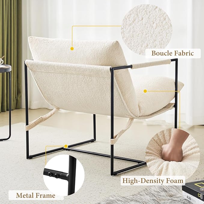 Furnilivng Large Sling Accent Chairs Set of 2, Comfortable Boucle Fabric Arm Chair, Upholstered Cozy Reading Chair for Living Room, Bedroom, Dressing Room, Home Office, White