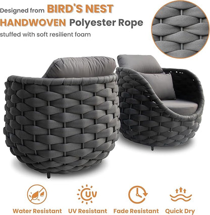 Rope Patio Furniture Set: 4 Pieces Aluminum Outdoor Couch Set Cushioned - Assembled Porch Conversation Sofa Set Modern - Metal Patio Seating for 5 Person Deck Garden Poolside Hotel, Dark Gray