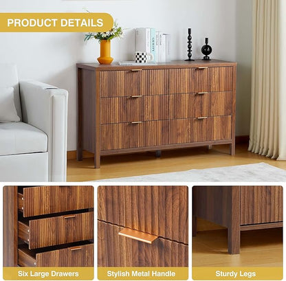 Fluted 6 Drawer TV Stand Dresser for Bedroom, Mid Century Modern Dresser with Drawers, MDF Wooden Chest of Drawers, Fluted Cabinet for Closet Cloth, Living Room, Entryway -Walnut