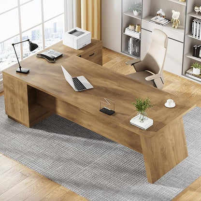 Tribesigns 78" L-Shaped Executive Desk, Large Modern Office Desk with Drawers and Lateral File Cabinet, Business Furniture with Storage Shelves, Big Computer Table for Home Office (Brown)