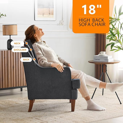 VINGLI Mid-Century Modern Accent Chair, Black Upholstered Armchair Comfy Sofa Chair Reading Chair High Back for Living Room Bedroom Furniture Apartment