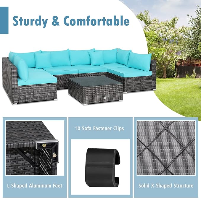 Tangkula 7 Pieces Patio Furniture Set, Patiojoy All-Weather Outdoor Rattan Sectional Sofa Set with Cushions and Tempered Glass Coffee Table, for Garden, Lawn, Backyard (Turquoise)