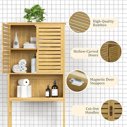 MUPATER 67" H Bathroom Over The Toilet Storage Cabinet with Doors and Shelves, Bamboo Over Toilet Organizer, Freestanding Tall Space Saver Toilet Rack, Natural Wood