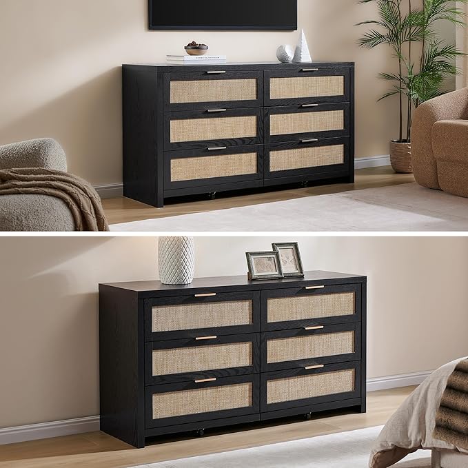SICOTAS Rattan Dresser for Bedroom, 56.9" Wide 6 Drawer Dresser with Ample Storage, Wooden Dressers Large Chest of Drawers, Closet, Boho TV Stand for Bedroom (Black Oak, 1 Piece)