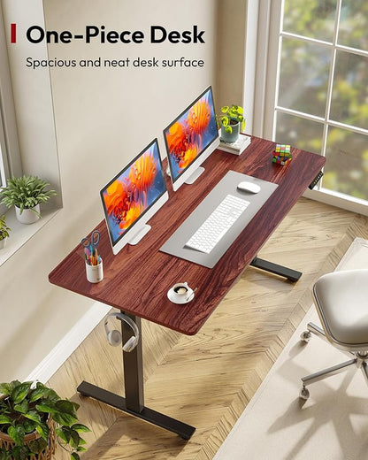 SANODESK Electric Standing Desk 55 x 28 Inches Whole-Piece Desktop Height Adjustable Stand Up Desk w/6-Button Controller Ergonomic Computer Desk for Home Office, Black Frame + Mahogany Tabletop