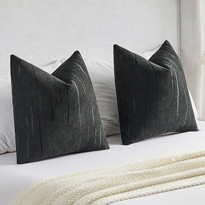 FUTEI Black Chenille Decorative Throw Pillow Covers 20x20 Inch Set of 2,Soft Embossed Striped Textured Cushion Case,Modern Home Decor for Couch Bed Living Room