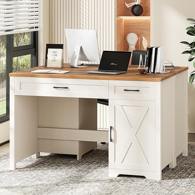 Vabches Farmhouse 51" Executive Desk,Computer Desk with Drawers and Storage Cabinet, Workspace for Home Office and Study