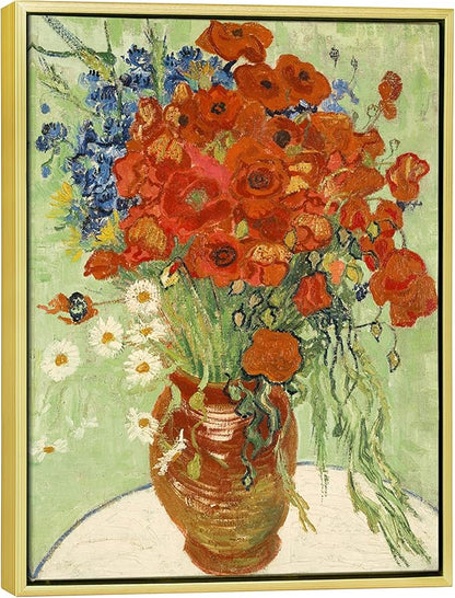Wieco Art Framed Wall Art Canvas Prints of Red Poppies and Daisies Canvas Prints Wall Art of Van Gogh Paintings Reproduction Abstract Artwork for Wall Decor Golden Frame